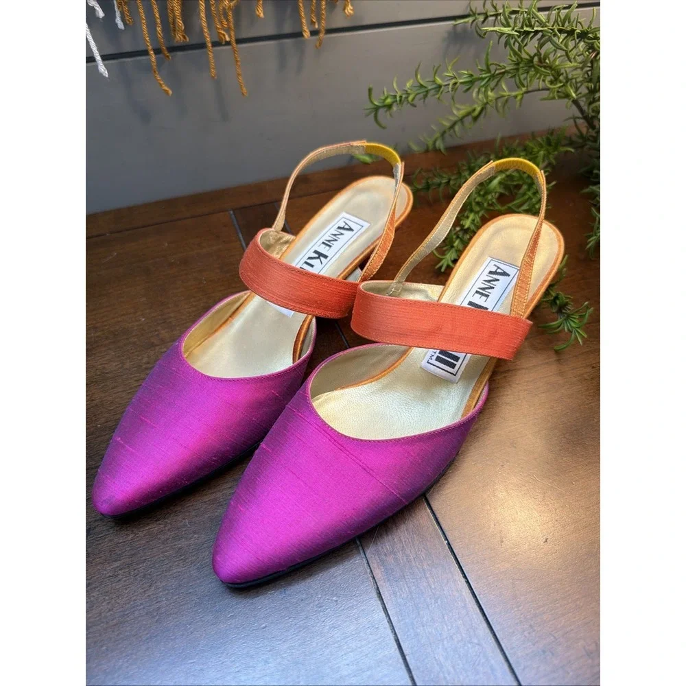 VTG Anne Klein II Italy Silk Slingback Heels Colorblock Pink Orange Sz 7.5 EUC